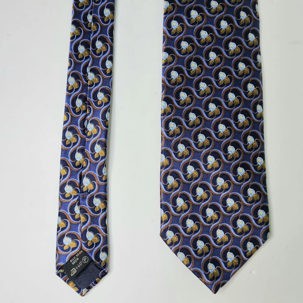Ermenegildo Zegna Blue Gold Rose Floral Print Silk Tie